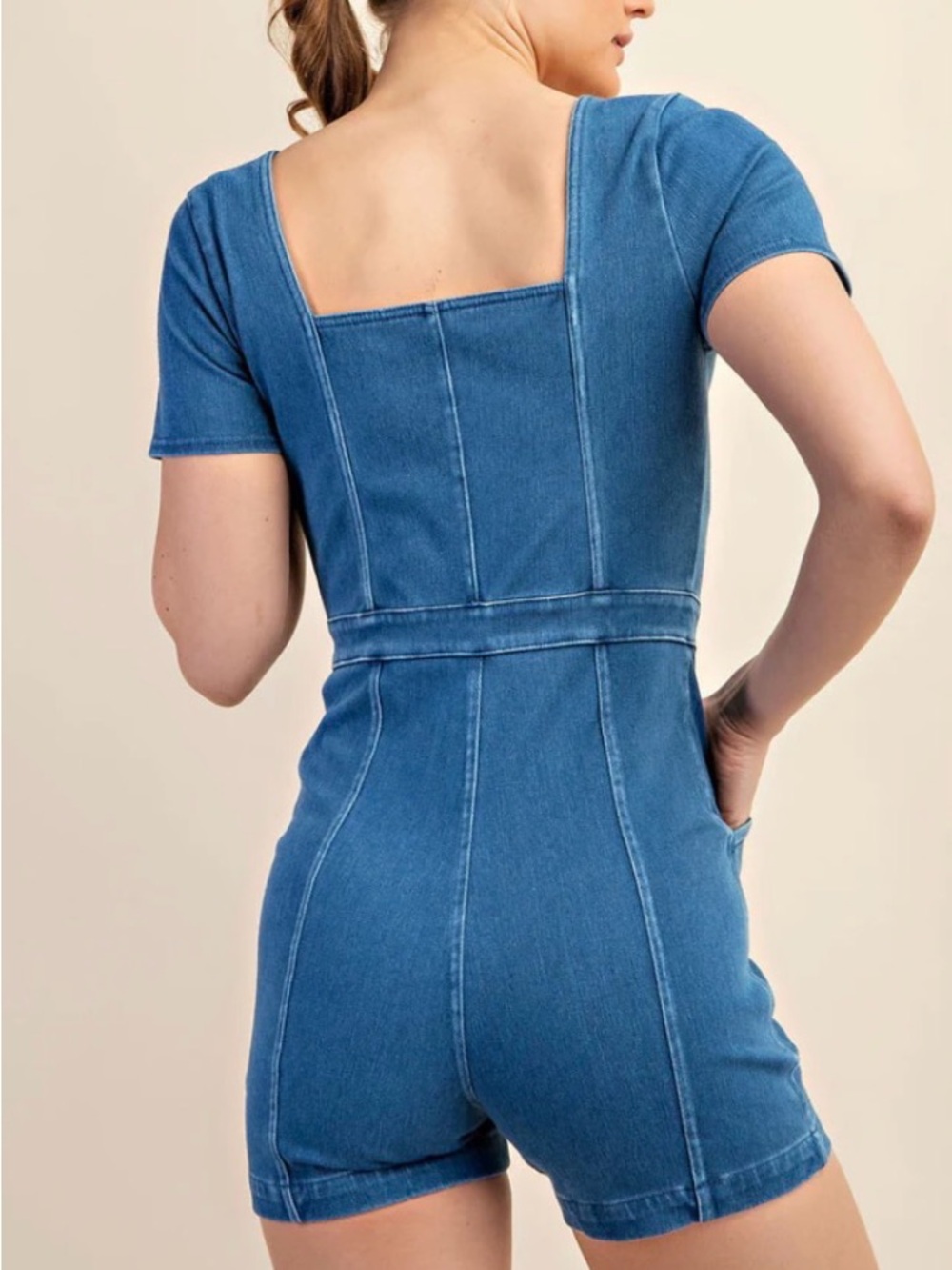 Blue Denim Zip-Front Short Romper - Picture 2 of 4